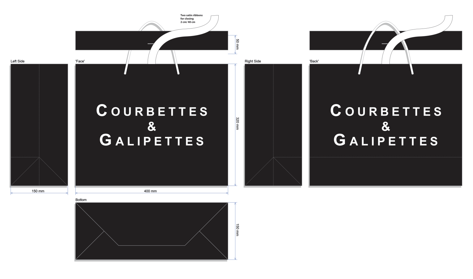Plan technique du sac boutique noir Courbettes & Galipettes avec rubans satin